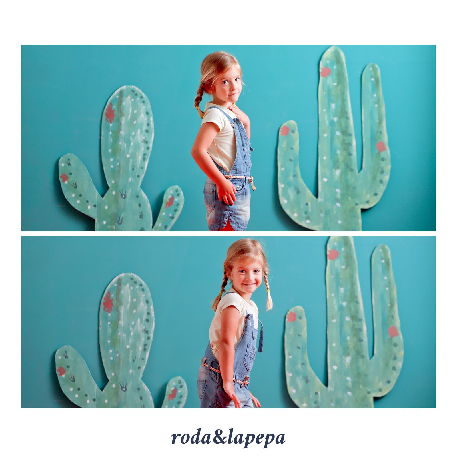 Díptico de una niña con peto vaquero y trenzas posando sonriente en un estudio con fondo azul y decorado de cactus.